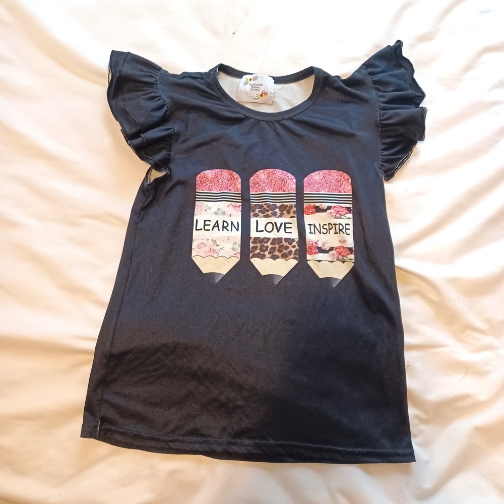 Sunflower Babies Boutique Szโ 8? Pencil Graphic Shirt Black Ruffle Learn Love